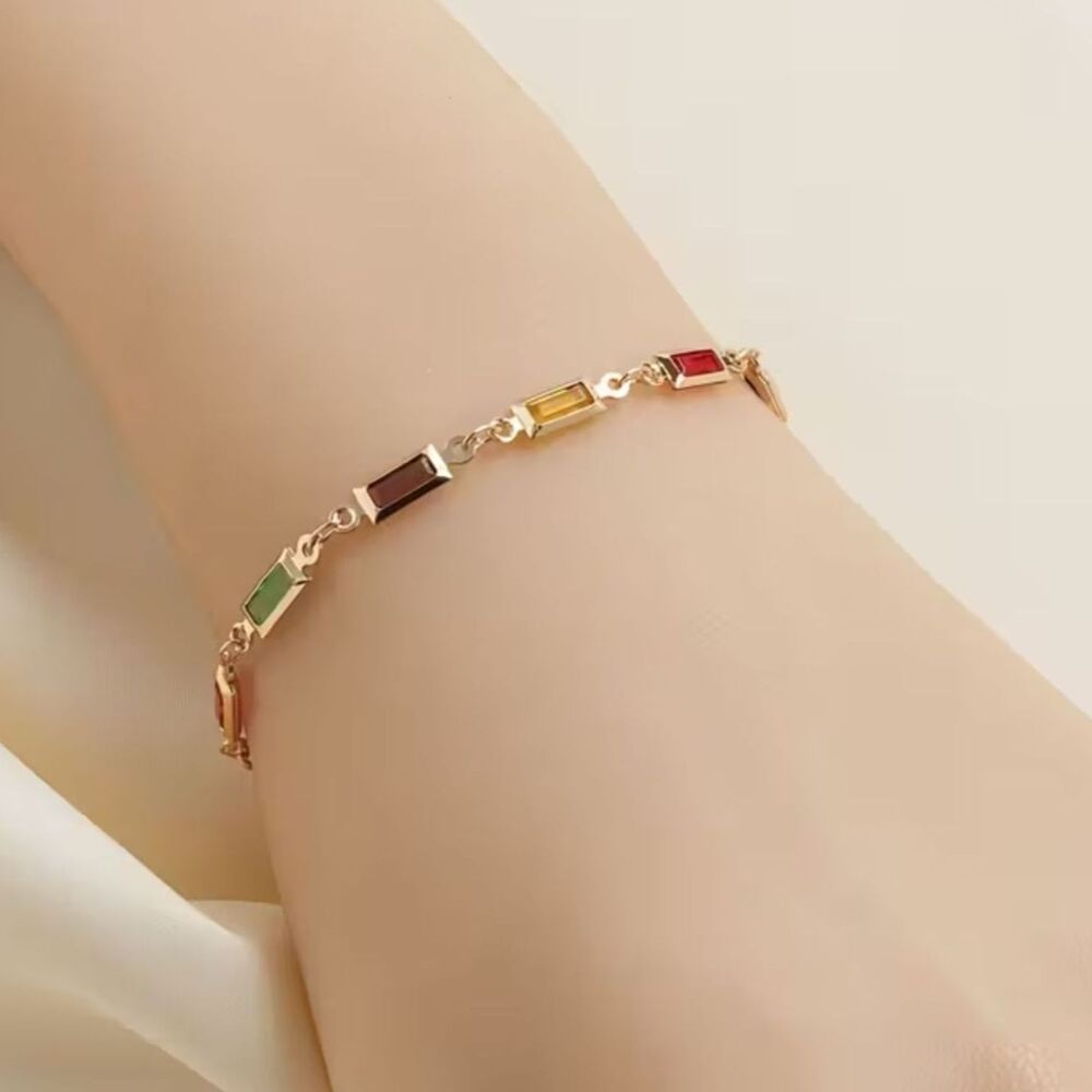 Multicolor Rectangle Zirconia Crystal Gemstone Bracelet Beaded Gold Adjustable